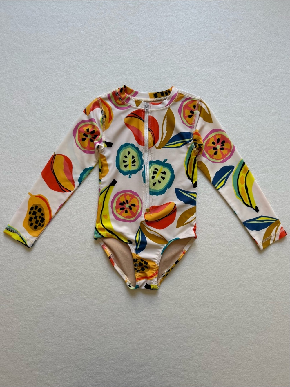 Tea Girls Tropical Fruit Print Zip-Up Long-Sleeve Rashguard Swimsuit - Size 5
